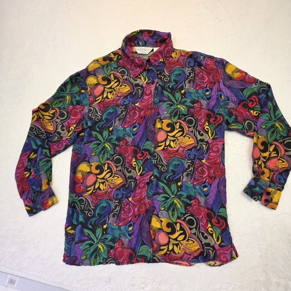Vintage Partners 100% Silk Abstract Floral Button Up Blouse Womens Small